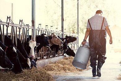 Landwirt asiatischen halten einen Behälter mit Milch auf seine farm Landwirt asiatischen halten einen Behälter mit Milch auf seine farm